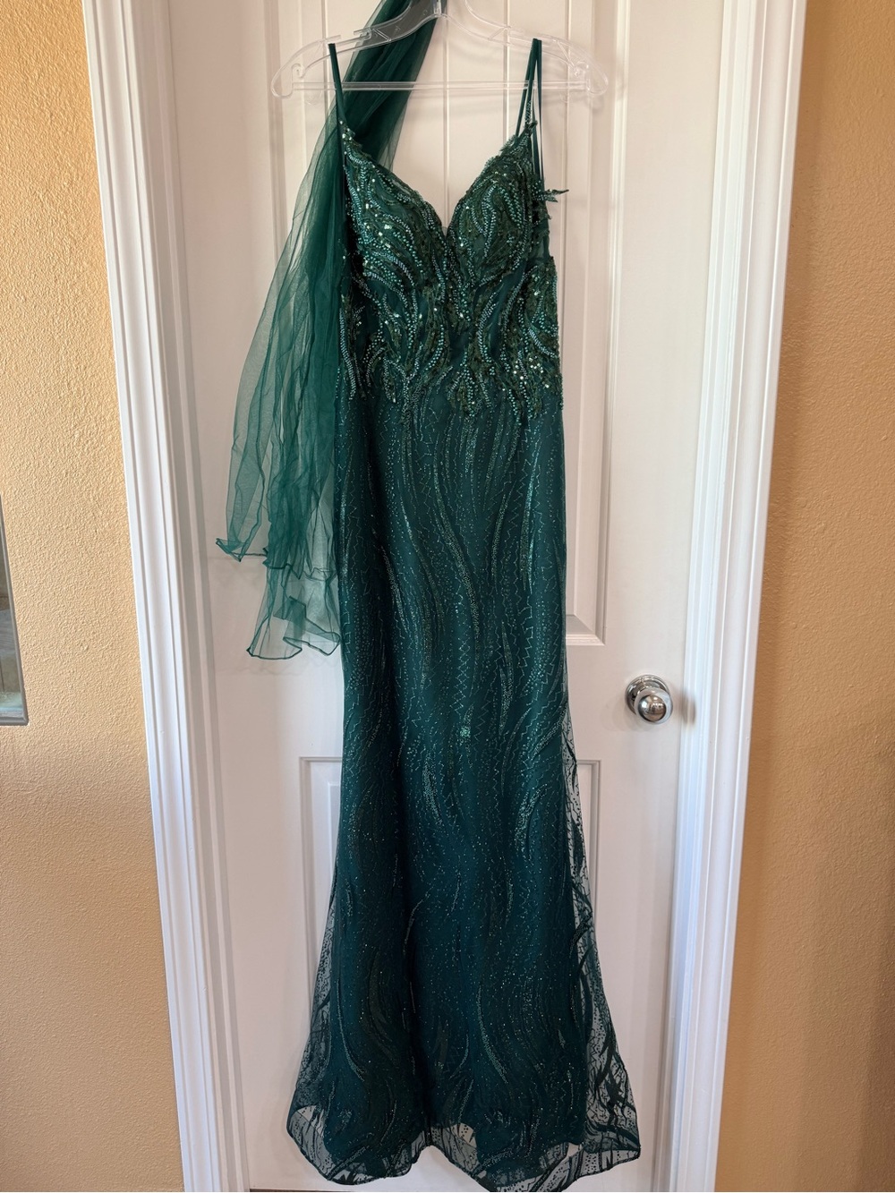 Emerald Beaded Evening Gown with Sheer Shawl